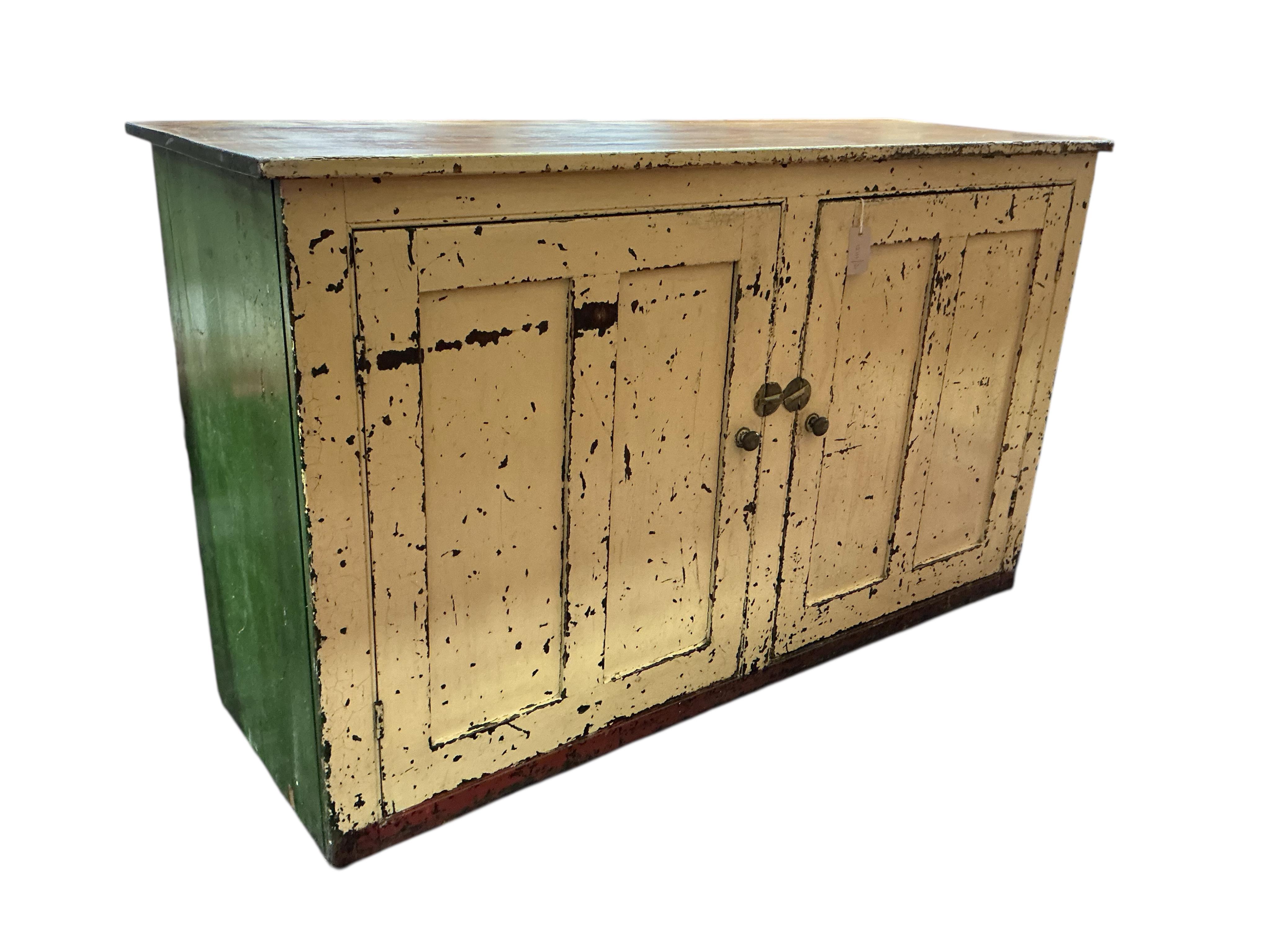 A Victorian painted pine two door household cabinet, width 152cm, depth 53cm, height 89cm